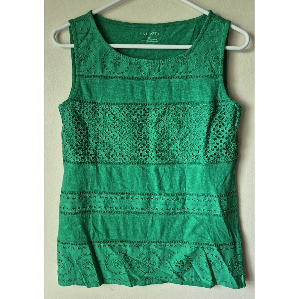 Talbots Wpmen's Green Sleeveless Boat Neck Eyelet Cotton Knit Top Size XS